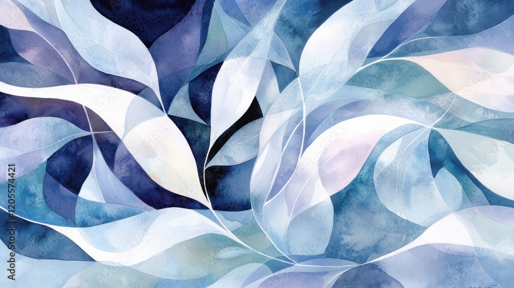 Poster the artwork showcases a harmonious blend of flowing shapes in varying shades of blue and white, crea