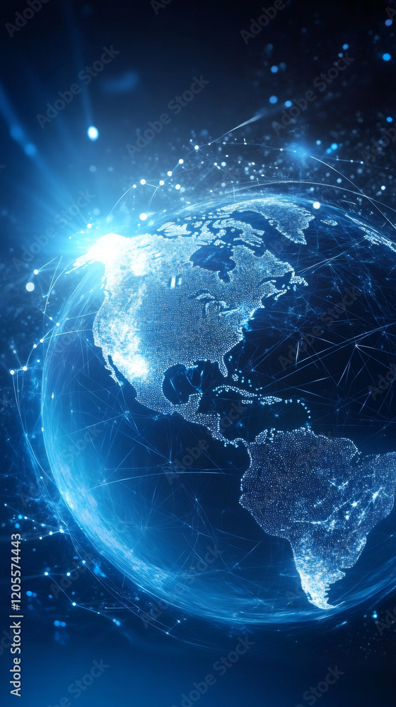 Poster futuristic digital planet earth rotating with network connection lines and dots, america continents,