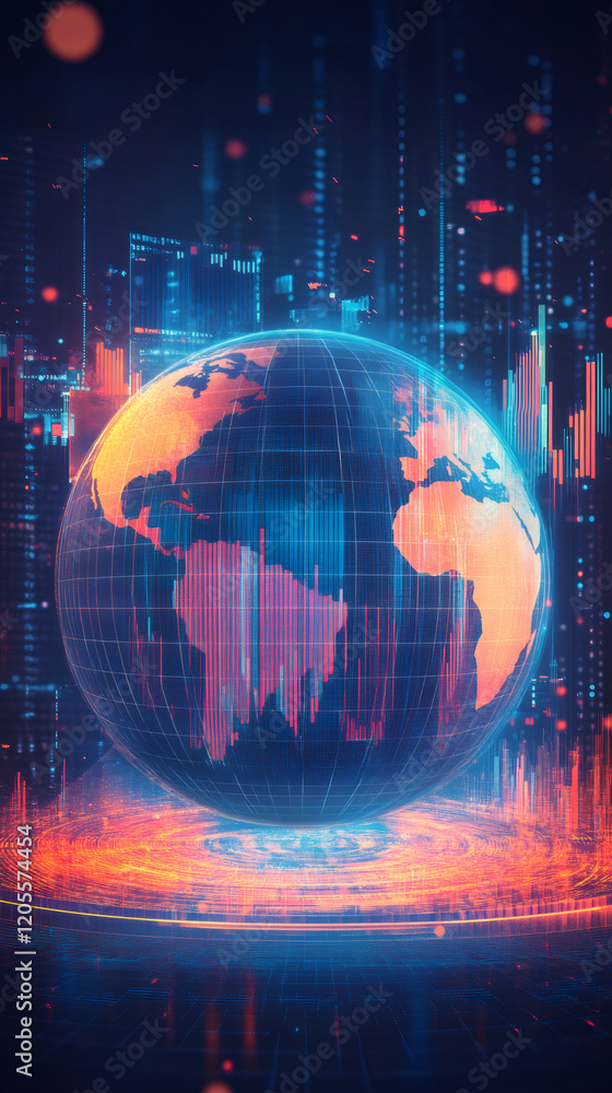 Poster digital world with planet earth rotating and futuristic grid and bar graphs showing global market tr