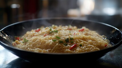 Steaming hot noodles in a black bowl.