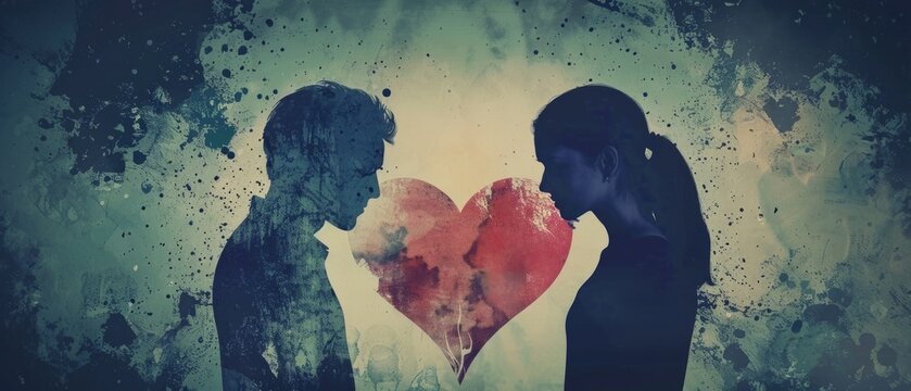 Abstract image of a broken heart between a man and a woman. Perfect for designing articles about psychology, emotions and personal growth.