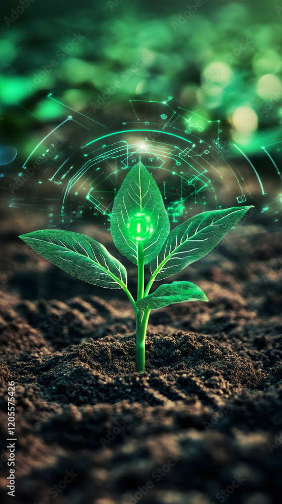 Aufkleber seedling growing in fertile soil with a futuristic holographic interface showing data, representing 