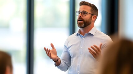 Confident Business Professional Speaks During Corporate Presentation in Modern Office Setting