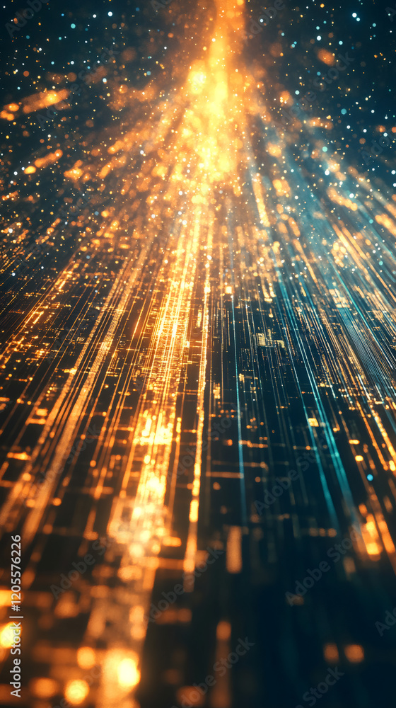 Fototapete Golden light flowing and illuminating digital data circuit lines, creating a futuristic technological background