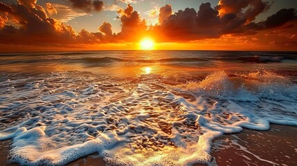 Obraz premium A scenic view of a sunset over a beach.