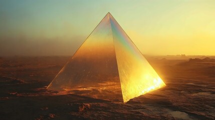 A pyramid made of glass is lit up by the sun