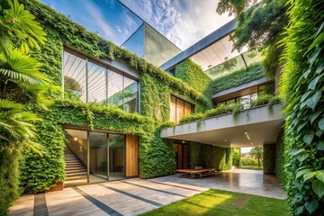 Fototapeta premium Modern eco-friendly house with lush green walls and expansive windows, showcasing a tranquil outdoor patio area bathed in sunlight