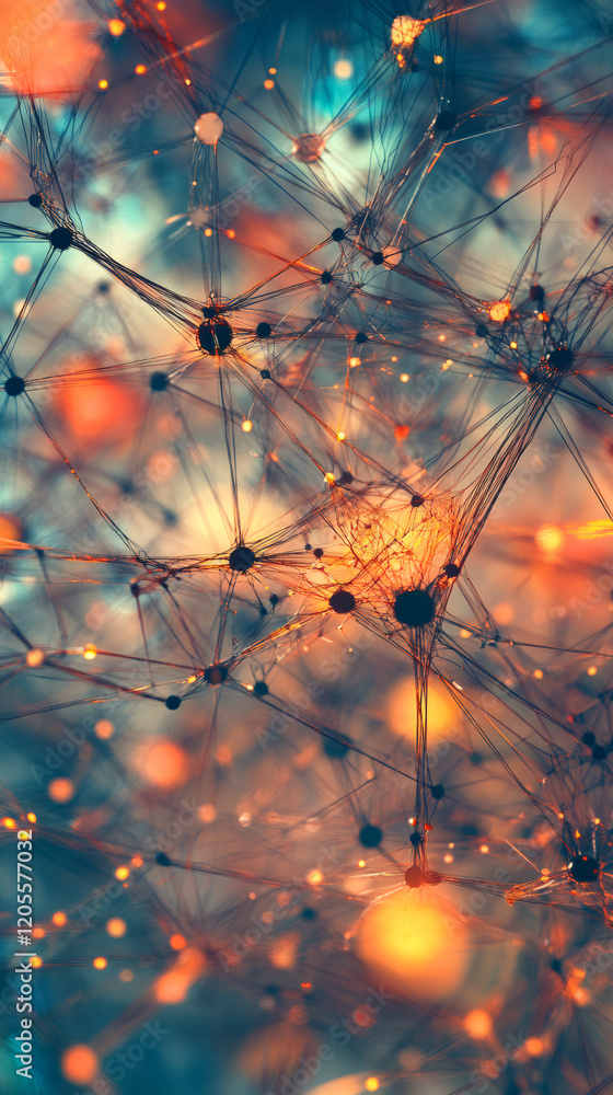 Fototapete complex network of neurons exchanging data, generating a vibrant futuristic bokeh effect with glowin