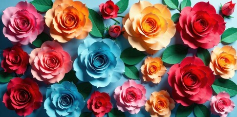 Fototapeta premium Multicolored paper rose wall, layered, artistic arrangement, floral wall, art background, design