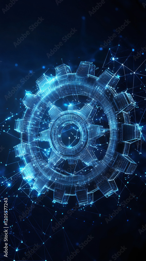 Aufkleber Glowing digital gear rotating and transferring data through network nodes in a dark cyberspace, symbolizing technology and innovation