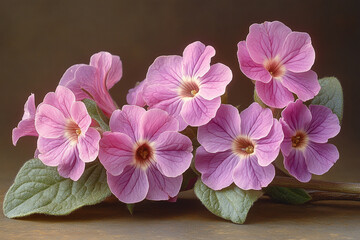Delicate Pink Flowers Resting on a Wooden Surface