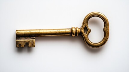Antique brass skeleton key on white background.