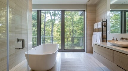Fototapeta premium A contemporary bathroom with clean, light finishes, a sleek shower area, and a bathtub positioned near a tall, sunlit window. Natural tones add warmth