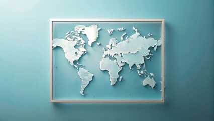 Framed World Map A Subtle Embossed Relief Design on a Pale Aqua Background Depicting Global Interconnectivity