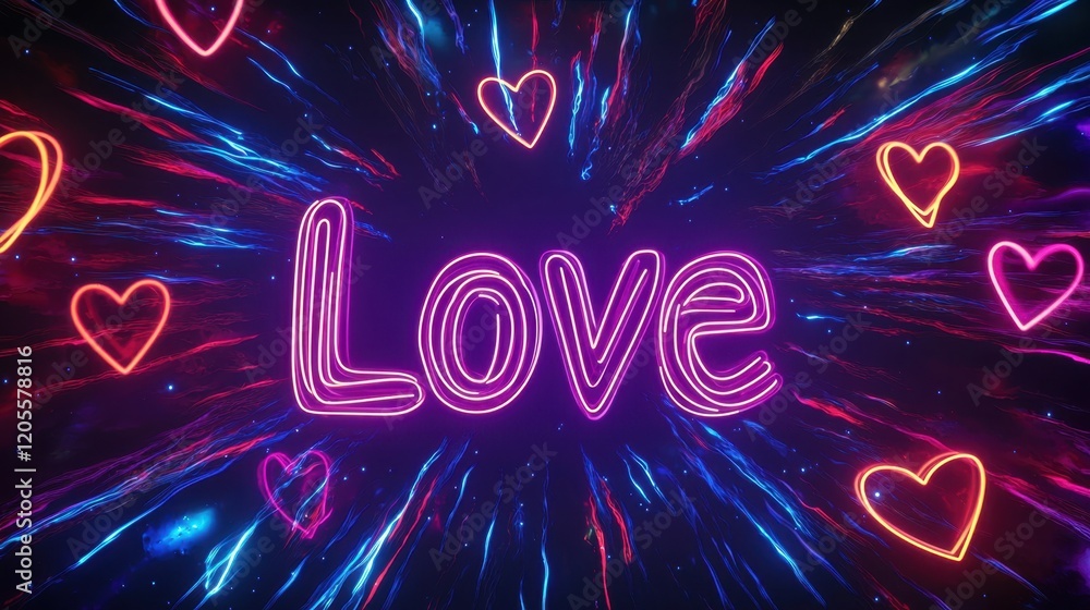 Aufkleber a neon sign displaying the word love is illuminated against a dark backdrop. surrounding hearts and 