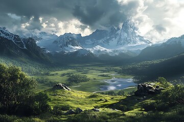 Fototapeta premium Majestic mountain landscape with lush greenery and dramatic skies.