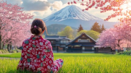 A relaxing yoga woman at countryside of Japan at Mount Fuji area with traditional japanese...