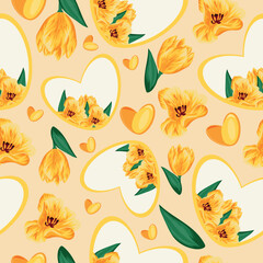 seamless pattern with hearts with floral design namely yellow tulip of different sizes, hearts and tulip petals on a yellow background