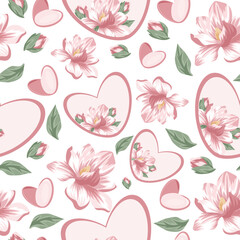seamless pattern with hearts with floral design namely magnolia of different sizes, hearts and magnolia petals
