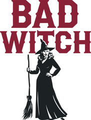 Bad witch T-shirt design, Happy Halloween vector illustration. Cute cat face in witch hat with bats, stars and spider. Girls Halloween design isolated.