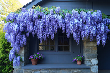 Abundant Purple Wisteria Blooms Drape Over House Window