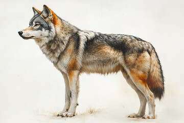 Obraz premium Majestic Grey Wolf Standing Profile Watercolor Painting