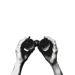 Contemporary artistic collage depicting hands holding binoculars against isolated on transparent or white background with space for text