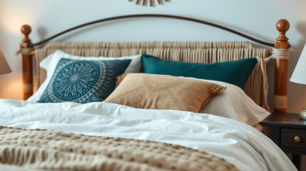 Calming Bedroom Decor: White Sheets, Teal Pillows, and Rustic Charm