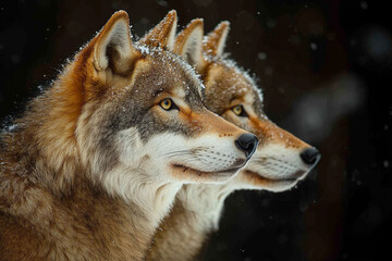 Obraz premium Two Wolves Profiled Against Dark Background In Winter