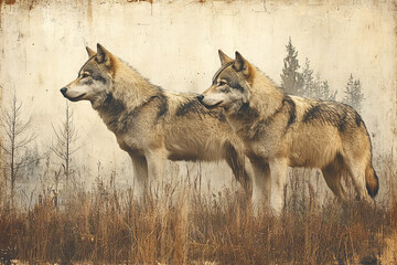Two Majestic Wolves Standing Tall in a Misty Forest