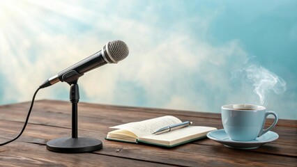 Black Microphone on Stand Inspires Podcasting and Writing with Notebook and Tea