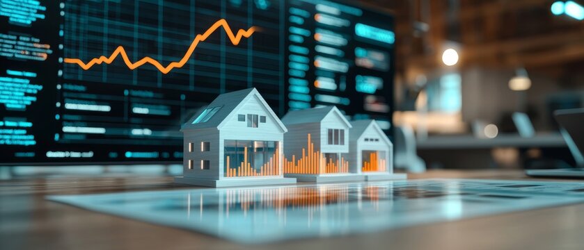 A 3D model of houses sits in front of a digital screen displaying financial graphs, symbolizing real estate market trends and analytics.