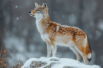 Obraz premium Coyote Standing on Snowy Rock Winter Landscape