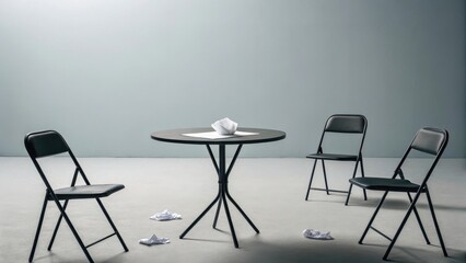 Black Table with Folding Chairs in Minimalist Gray Room