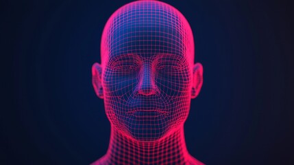 3D digital face with neon grid patterns on dark background