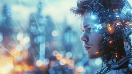 a handsome man with robotic enhancements. A futuristic and beautiful city is in the background. It is day time.