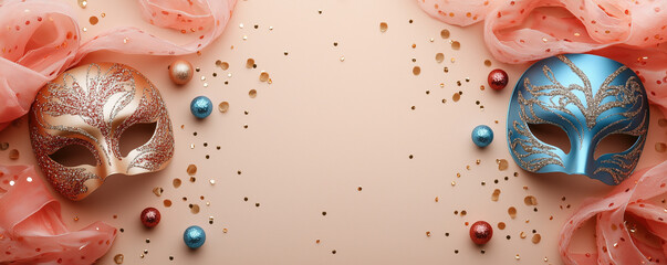 Elegant carnival masks with glitter and confetti on peach background
