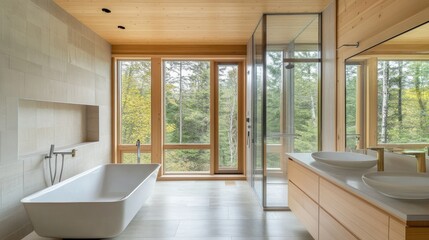 A Scandinavian-inspired bathroom with clean lines, a glass shower, and a modern bathtub by a large window. Light wooden accents add warmth to the space