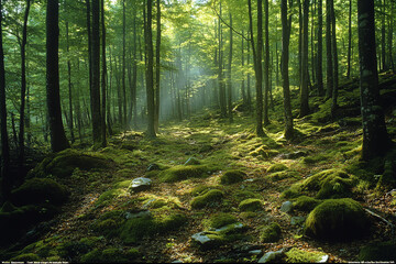 Obraz premium Sunlit Forest Floor Moss Covered Rocks Trees