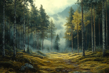 Fototapeta premium Misty Forest Path Winding Through Tall Trees