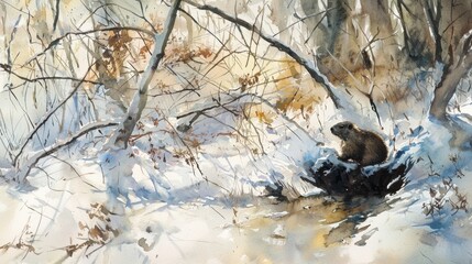 A beaver sits gracefully on a rock by a tranquil stream in a winter wonderland, surrounded by snow-laden trees and soft sunlight filtering through branches