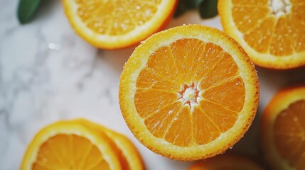Fototapeta premium Juicy Orange Slices on Marble Background Fresh Citrus Fruit Healthy Food Photography