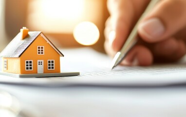 A miniature orange house sits on paperwork as a hand holds a pen, symbolizing real estate transactions or home buying processes.