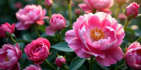 Naklejka premium Luscious pink peonies and roses, abundant blooms Ample copy space , nature, copy space