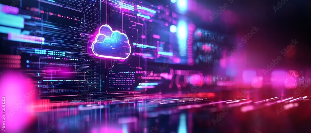Poster a vibrant digital representation of cloud computing, featuring colorful data streams and a cloud ico