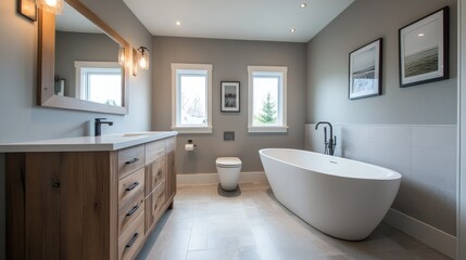 A spacious gray bathroom with a wooden vanity, a freestanding bathtub, and a wall-mounted toilet. Warm lighting highlights the modern aesthetic