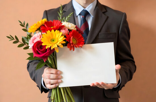 A man in a formal suit holding a colorful bouquet of flowers and a blank card creates a professional and elegant scene perfect for business greetings and special occasions. Selective focus