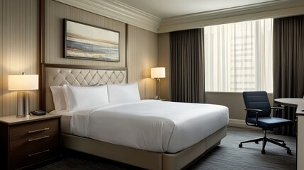 A stylish bedroom in a contemporary hotel with a comfortable bed, a workspace, and natural light. The clean lines and subtle tones evoke a sense of calm