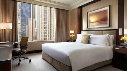 A stylish bedroom in a contemporary hotel with a comfortable bed, a workspace, and natural light. The clean lines and subtle tones evoke a sense of calm