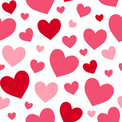 seamless pattern features various sizes of red and pink hearts on a white background, creating a cheerful and romantic design perfect for Valentine's Day or love-themed 